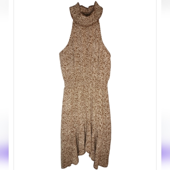 Maurices Brown Cream Smock Mock Neck Halter Sleeveless Asymmetrical Dress XS Mid - Picture 5 of 11